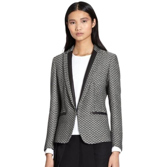 Rag & Bone Blazer Womens Size 6 Black Lorimer Jacquard Tuxedo Tweed Leather Trim - Picture 1 of 12
